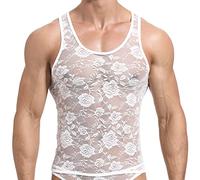 Caziffer Men Sheer Floral Lace Mesh Tank Tops Workout Gym Shirt Sleeveless Fitness Bodybuilding Fishnet Undershirt Floral Muscle T-Shirt Summer Activewear (White, L)
