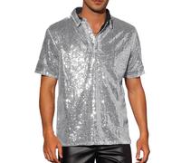 Caziffer Men's Disco Sparkle Sequins Shirt Retro Glitter Party Club Night Out Shiny Stylish Vintage Statement Costume Casual 1/4 Button Short Sleeve Tops for Vacation Streetwear (Silver, L)