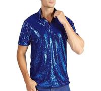 Caziffer Men's Disco Sparkle Sequins Shirt Retro Glitter Party Club Night Out Shiny Stylish Vintage Statement Costume Casual 1/4 Button Short Sleeve Tops for Vacation Streetwear (Navy Blue, XL)