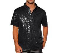 Caziffer Men's Disco Sparkle Sequins Shirt Retro Glitter Party Club Night Out Shiny Stylish Vintage Statement Costume Casual 1/4 Button Short Sleeve Tops for Vacation Streetwear (Black, M)