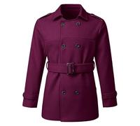 Caziffer Men's Double-Breasted Trench Coat with Belt Classic Woolen Overcoat Elegant Winter Business Pea Coat Stylish Gentlemen Windproof Outerwear Mid-Length (Burgundy, S)
