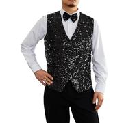 Caziffer Mens Shiny Sequin Vest Deep V-neck Solid Color Party Dress Suit Waistcoat Bowtie Button Waistcoat for Business Wedding (Black, S)