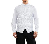 Caziffer Mens Shiny Sequin Vest Deep V-neck Solid Color Party Dress Suit Waistcoat Bowtie Button Waistcoat for Business Wedding (Silver, L)