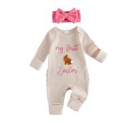 Caziffer My First Easter Baby Girl Romper Long Sleeve Rabbit Grow One Piece Jumpsuit Bodysuit + Headband Set Easter Outfits Spring Clothes (Khaki Bunny Embroidery, 0-3 Months)