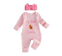 Caziffer My First Easter Baby Girl Romper Long Sleeve Rabbit Grow One Piece Jumpsuit Bodysuit + Headband Set Easter Outfits Spring Clothes (Pink Bunny Embroidery, 0-3 Months)