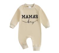 Caziffer Newborn Baby Boy Jumpsuit One Piece Letter Embroidery Long Sleeve Crewneck Romper MAMA'S BOY Casual Autumn Clothes Set for Toddlers (Beige, 0-3 Months)