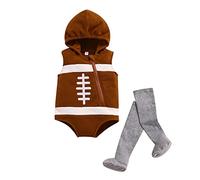 Caziffer Newborn Baby Boy Romper Jumpsuit Overalls Cosplay Set Pineapple American Football Rugby Cartoon Sleeveless Stage Zip-up Hooded Romper+Stockings Outfit (Brown, 12-18 Months)