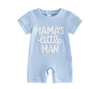 Caziffer Newborn Baby Boy Summer Romper Letter Embroidered Jumpsuit Short Sleeve Onesie Crewneck Waffle Knit Bodysuit One Piece Clothes