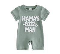 Caziffer Newborn Baby Boy Summer Romper Letter Embroidered Jumpsuit Short Sleeve Onesie Crewneck Waffle Knit Bodysuit One Piece Clothes