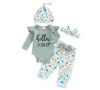 Caziffer Newborn Baby Girl Outfit Princess 4 Piece I’M NEW Here Letter Print Ruffle Long Sleeve Rib Knit Romper + Flower Pants + Bow Hat Headband Set (Green, 0-3 Months)