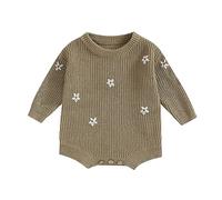 Caziffer Newborn Baby Girl Sweater Romper,Boho Floral Knit Bubble Sweatshirt One-sie,Infant Warm Fall Winter Clothes (Flower Yellow Brown, 9-12 Months)