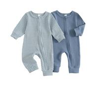 Caziffer Newborn Baby Zipper Romper 2 Piece Pyjama Set Soft Cotton Knitted Onesie Striped Solid Round Neck Sleepsuit Waffle Clothes for Infant Boys Girls (Blue*2, 0-3 Months)