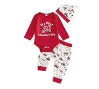 Caziffer Newborn My First Valentine's Day Outfit Baby Boy Clothes Tractor Heart Long Sleeve Romper Pants Hat 3 Piece Set Valentines Gifts for Baby Boys (Red 1st Valentines, 0-3 Months)