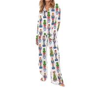 Caziffer Satin Silk Christmas Pajamas Set for Women Cute Santa Claus Pjs Button Up Shirt+Pants 2 Piece Xmas Jammies (Nutcracker Green B, L)