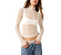 Caziffer Sheer Mesh Long Sleeve Layering Top for Women Mock Neck Floral Lace Tshirt See Through Tee Shirt Blouse