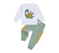 Caziffer Toddler Baby Boy Fall Spring Outfits Kids Dinosaur Embroidery Tracksuit Sets Long Sleeve Crewneck Sweatshirts Novelty Jogging Pants 2 Piece Cute Clothes (Green, 2-3T)