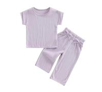 Caziffer Toddler Baby Girls Summer Outfit Solid Color Short Sleeve Crew Neck T-shirt with Elastic Waist Bowknot Pants 2Pcs Clothes for Little Girls (Purple, 2-3Y)