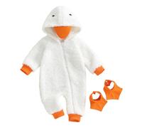 Caziffer Toddler Baby Halloween Outfits Fuzzy Warm Hooded Romper Funny Goose Zip-Up Jumpsuit with Foot Covers Fall Winter Animal Clothes (White, 6-12 Months)