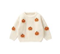 Caziffer Toddler Girls Boys Autumn Winter Halloween Jumper Knit Sweater Long Sleeve Crewneck Pumpkin Letter Embroidery Pullover Knitwear My First Halloween (A White, 12-18 Months)