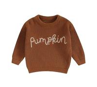 Caziffer Toddler Girls Boys Autumn Winter Halloween Jumper Knit Sweater Long Sleeve Crewneck Pumpkin Letter Embroidery Pullover Knitwear My First Halloween (Brown, 2-3 Years)