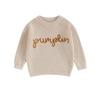 Caziffer Toddler Girls Boys Autumn Winter Halloween Jumper Knit Sweater Long Sleeve Crewneck Pumpkin Letter Embroidery Pullover Knitwear My First Halloween (Cream White, 12-18 Months)