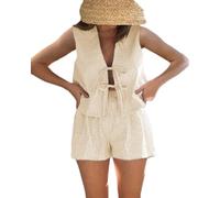 Caziffer Women 2 Piece Gingham Lounge Sets Y2k Tie Front Vest Top Plaid Boxer Shorts Matching Pj 2pcs Pajamas Sets (Khaki, M)