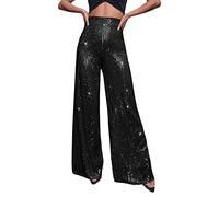 Caziffer Women Glitter Flare Pants Wide Leg Pants Elegant Shiny Sequined High Waist Loose Sparkly Trousers for Club Party (Black, L)