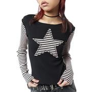 Caziffer Women Grunge Star Shirt Y2k Teen Aesthetic Vintage Long Sleeve Top Emo Gothic Oversized Stars Graphic Tee Streetwear (White B, L)