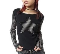 Caziffer Women Grunge Star Shirt Y2k Teen Aesthetic Vintage Long Sleeve Top Emo Gothic Oversized Stars Graphic Tee Streetwear (Grey, M)