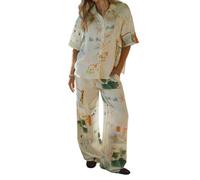 Caziffer Women’s Casual 2 Piece Outfits Short Sleeve Landscape Print Button Down Shirt + Wide Leg Pants Set Beachwear (Light Yellow, L)