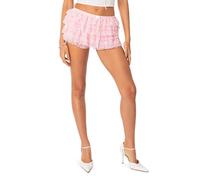 Caziffer Women’s Layered Ruffle Y2K Mini Shorts Casual Elastic Waist Bow Front Solid Color Lace Going Out Pants Lolita Bloomers Cute Ruffle Shorts (Pink, S)