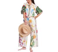 Caziffer Women’s Y2k 2 Piece Outfits Bohemian Vintage Graffiti Floral Short Sleeve Button Up Shirt + Drawstring Wide Leg Pants Set Beachwear (C White, S)