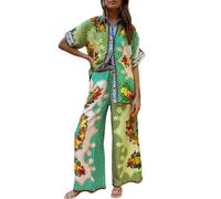Caziffer Women’s Y2k 2 Piece Outfits Bohemian Vintage Graffiti Floral Short Sleeve Button Up Shirt + Drawstring Wide Leg Pants Set Beachwear (Light Green, L)