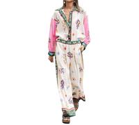 Caziffer Women’s Y2k 2 Piece Outfits Bohemian Vintage Graffiti Floral Short Sleeve Button Up Shirt + Drawstring Wide Leg Pants Set Beachwear (B Pink, M)