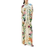 Caziffer Women’s Y2k 2 Piece Outfits Bohemian Vintage Graffiti Floral Short Sleeve Button Up Shirt + Drawstring Wide Leg Pants Set Beachwear (White, M)