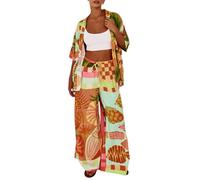 Caziffer Women’s Y2k 2 Piece Outfits Bohemian Vintage Graffiti Floral Short Sleeve Button Up Shirt + Drawstring Wide Leg Pants Set Beachwear (C Orange, L)
