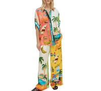Caziffer Women’s Y2k 2 Piece Outfits Bohemian Vintage Graffiti Floral Short Sleeve Button Up Shirt + Drawstring Wide Leg Pants Set Beachwear (Yellow, S)