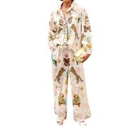 Caziffer Women’s Y2k 2 Piece Outfits Bohemian Vintage Graffiti Floral Short Sleeve Button Up Shirt + Drawstring Wide Leg Pants Set Beachwear (B Ivory, L)