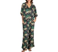 Caziffer Women’s Y2k 2 Piece Outfits Bohemian Vintage Graffiti Floral Short Sleeve Button Up Shirt + Drawstring Wide Leg Pants Set Beachwear (A Black, L)