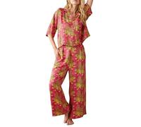 Caziffer Women’s Y2k 2 Piece Outfits Bohemian Vintage Graffiti Floral Short Sleeve Button Up Shirt + Drawstring Wide Leg Pants Set Beachwear (A Pink, S)