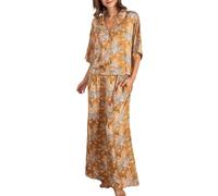 Caziffer Women’s Y2k 2 Piece Outfits Bohemian Vintage Graffiti Floral Short Sleeve Button Up Shirt + Drawstring Wide Leg Pants Set Beachwear (A Yellow, L)