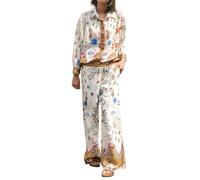 Caziffer Women’s Y2k 2 Piece Outfits Bohemian Vintage Graffiti Floral Short Sleeve Button Up Shirt + Drawstring Wide Leg Pants Set Beachwear (B Khaki, S)