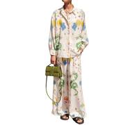 Caziffer Women’s Y2k 2 Piece Outfits Bohemian Vintage Graffiti Floral Short Sleeve Button Up Shirt + Drawstring Wide Leg Pants Set Beachwear (B White, M)
