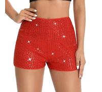 Caziffer Women Sequins Shorts Mid Waist Elastic Band Sparkly Straight Leg Shorts Night-Out Glitter Hot Shorts for Party Dance Rave (Red, XL)