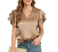 Caziffer Women V Neck Satin Silk Tops Ruffle Flutter Short Sleeve T Shirts Blouse Elegant Dressy Casual Summer Top (Khaki, S)