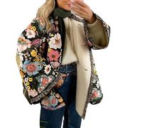 Caziffer Women Winter Loose Quilted Jacket Ethnic Style Floral Print Button Down Long Sleeve Padded Quilted Puffy Cardigan Coat Warm Outwear Color Contrast Design Vintage (A Black, M)