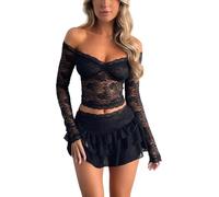 Caziffer Women Y2K 2 Pieces Lace Mini Skirt Set Sexy Sheer Mesh Floral Lace Crop Top Bodycon Skirts Matching Sets (A Elegant Off Shoulder Black, S)