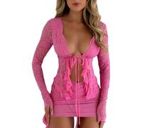 Caziffer Women Y2K Floral Lace Long Sleeve Crop Top Sexy See Through Sheer Mesh Shirt Blouse Slim Fit Low Cut Tee (Shirt Tie Pink, S)