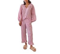 Caziffer Women Y2K Ruffle Pajamas Set Gingham 2 Piece Loungewear Long Sleeve Shirt Bell Bottom Pants Plaid Pj Sets (Red, L)