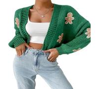 Caziffer Women's Christmas Cardigan Y2k Long Sleeve Cropped Open Front Cardigan Gingerbread Man Ugly Xmas Sweaters Knit Outwear (Green, S)